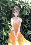  bare_shoulders black_hair blue_eyes dress long_hair looking_at_viewer nanase_miri orange_dress original plant sleeveless sleeveless_dress sundress 