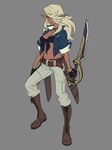  belt black_bra black_choker blonde_hair blue_eyes blue_jacket boots bra brown_footwear choker closed_mouth cropped_jacket dark_elf dark_skin elf full_body grey_background grey_pants highres holding holding_sword holding_weapon jacket knee_up kotatsu_(g-rough) light_smile long_hair looking_at_viewer open_clothes open_jacket original pants pointy_ears reverse_grip scabbard scimitar sheath short_sleeves simple_background smile solo sword underwear weapon 