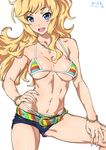  :d bangs bare_shoulders belt bikini bikini_top bikini_under_clothes blonde_hair blue_eyes blush bracelet breasts chain collarbone commentary_request denim denim_shorts hand_on_hip highres hips idolmaster idolmaster_cinderella_girls jewelry long_hair looking_at_viewer medium_breasts nail_polish navel navel_piercing necklace ootsuki_yui open_mouth piercing pink_nails ponytail short_shorts shorts sidelocks simple_background smile solo striped striped_bikini suna swept_bangs swimsuit thighs wavy_hair white_background 