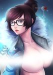  bangs black-framed_eyewear blue_gloves breasts brown_eyes brown_hair coat commentary fur-trimmed_jacket fur_trim glasses gloves hair_ornament hair_stick jacket large_breasts looking_at_viewer mei_(overwatch) open_clothes open_jacket overwatch parka rodrigo_de_souza short_hair snow snowflake_hair_ornament swept_bangs upper_body winter_clothes winter_coat 