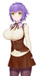  absurdres asamura_hiori black_legwear breasts covered_nipples expressionless green_eyes hair_ornament hairpin highres huge_breasts looking_at_viewer pantyhose phantasy_star phantasy_star_online_2 phul_j_lasswitz purple_hair short_hair simple_background solo white_background 