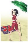  barefoot beach black_eyes black_hair blindfold_removed floral_print food fruit full_body highres looking_at_viewer looking_back makaria outdoors princess_principal princess_principal_game_of_mission red_shorts sand short_hair short_ponytail shorts smile solo standing stick toudou_chise towel transparent_background watermelon 