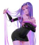  1girl absurdly_long_hair bare_shoulders black_dress black_sleeves breasts cleavage collar cowboy_shot detached_sleeves dress fate/stay_night fate_(series) hisame_(gocbu) holding holding_hair large_breasts leaning_forward long_hair long_sleeves looking_at_viewer open_mouth purple_eyes purple_hair rider short_dress simple_background sleeveless sleeveless_dress solo standing strapless strapless_dress striped striped_dress tube_dress very_long_hair white_background 