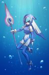 1girl android artist_request blue_eyes bodysuit breasts bubble capcom gloves heels helmet holding holding_spear holding_weapon leviathan_(rockman) light medium_breasts rockman rockman_zero shade shaded_face smile solo spear thigh_boots thighhighs underwater water weapon white_gloves 
