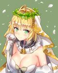  bare_shoulders blonde_hair blush dress fate/extra green_eyes laurel long_hair saber_bride smile veil 