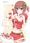  :q azur_lane blue_eyes bow brown_hair cake capelet commentary_request food fruit hair_bow hair_ornament highres holding long_hair navel red_capelet repulse_(azur_lane) santa_costume simple_background solo strawberry takeg05 tongue tongue_out translation_request 