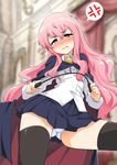  anger_vein black_legwear blush cape flat_chest highres long_hair looking_at_viewer looking_down louise_francoise_le_blanc_de_la_valliere momio panties pantyshot pink_eyes pink_hair thighhighs underwear upskirt wand white_panties zero_no_tsukaima zettai_ryouiki 