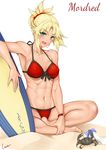  :d abs absurdres armpits bangs bare_arms bare_shoulders barefoot bikini blonde_hair blush braid breasts character_name covered_nipples crab eyebrows_visible_through_hair fate/grand_order fate_(series) green_eyes hair_ornament hair_scrunchie hand_up highres indian_style large_breasts looking_at_viewer mordred_(fate)_(all) mordred_(swimsuit_rider)_(fate) navel open_mouth parted_bangs prydwen red_bikini red_scrunchie rosaline sand scrunchie short_hair simple_background sitting smile solo surfboard swimsuit toned watch white_background wristwatch 