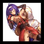  1girl ahoge armpit_licking armpits arms_up bad_id bad_pixiv_id bare_shoulders belt blush breasts breasts_outside commentary_request detached_sleeves fingering fire_emblem fire_emblem:_souen_no_kiseki fire_emblem_heroes gloves green_eyes hairband headband hetero hood licking long_hair looking_at_viewer medium_breasts nipples one_eye_closed pubic_hair purple_hair pussy pussy_juice takemori_shintarou thighhighs wayu_(fire_emblem) white_hairband 