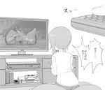  bandages beating bird boko_(girls_und_panzer) commentary_request controller girls_und_panzer greyscale henyaan_(oreizm) monochrome nishizumi_miho penguin remote_control translated watching_television 