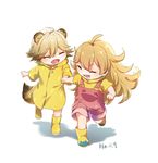  1girl :d ^_^ ahoge amaama_to_inazuma animal_ears blonde_hair boots child closed_eyes crossover fang gradient_hair ha_(156222) highres holding_hands inuzuka_tsumugi long_hair multicolored_hair open_mouth overalls poco_(udon_no_kuni) raccoon_ears raccoon_tail raincoat rubber_boots running smile tail trait_connection udon_no_kuni_no_kin'iro_kemari white_background 