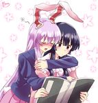  animal_ears arm_around_neck bangs black_hair blazer blunt_bangs blush book bow bunny_ears bunny_tail closed_eyes commentary_request drunk eyebrows_visible_through_hair holding holding_book houraisan_kaguya hug hug_from_behind jacket long_hair long_sleeves mana_(tsurubeji) multiple_girls nose_blush open_mouth pink_shirt pink_skirt pleated_skirt purple_eyes purple_hair reisen_udongein_inaba shirt sidelocks simple_background skirt star tail touhou very_long_hair white_background white_bow wide_sleeves yuri 