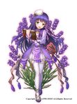  book dress flower flower_knight_girl green_eyes hat lavender_(flower) lavender_(flower_knight_girl) long_hair looking_at_viewer nakaishow open_book open_mouth purple_hair solo thighhighs walking watermark white_background white_legwear 