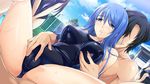  alice_soft aqua_eyes aqua_hair black_hair breast_hold cameltoe choukou_shinki_ixseal demon ellis_xillia erect_nipples fingering game_cg horns long_hair male school_swimsuit short_hair spread_legs swimsuit tagme_(artist) wet 