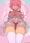  anda_inmu arms_at_sides ass_visible_through_thighs bangs bare_shoulders bikini blurry blurry_background blush breasts cameltoe covered_nipples eyebrows_visible_through_hair frilled_skirt frilled_sleeves frills from_below hair_ornament heart heart-shaped_pupils heart_hair_ornament komeiji_satori long_sleeves looking_at_viewer looking_down medium_breasts micro_bikini miniskirt navel pink_eyes pink_hair pink_skirt short_hair sketch skindentation skirt solo string swimsuit symbol-shaped_pupils thigh_gap thighhighs thighs third_eye touhou twitter_username underboob upskirt white_legwear 