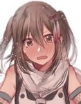  bare_shoulders black_neckwear blurry blush brown_eyes brown_hair depth_of_field embarrassed eyebrows_visible_through_hair fishnets full-face_blush grey_scarf hair_between_eyes hair_ornament kantai_collection light_particles looking_at_viewer neckerchief necktie remodel_(kantai_collection) rinto_(rint_rnt) scarf sendai_(kantai_collection) short_hair simple_background solo tareme tassel two_side_up upper_body vest wavy_mouth white_background wide-eyed 