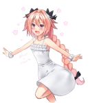  1boy :d androgynous astolfo_(fate) black_bow blush bow braid braided_ponytail breasts cleavage collarbone dress eyebrows_visible_through_hair fate/apocrypha fate_(series) hair_between_eyes hair_bow heart highlights ittokyu long_hair multicolored_hair open_mouth otoko_no_ko outstretched_arms pink_hair purple_eyes scrunchie shiny shiny_hair short_dress single_braid sleeveless sleeveless_dress small_breasts smile solo sundress very_long_hair white_dress white_scrunchie wrist_scrunchie 