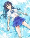  blue_hair blue_neckwear bow bowtie commentary_request eyebrows_visible_through_hair hair_between_eyes long_hair love_live! love_live!_school_idol_project lying navel on_back open_mouth otonokizaka_school_uniform partially_submerged pleated_skirt school_uniform shirt short_sleeves skirt solo sonoda_umi striped striped_neckwear tetopetesone water wet wet_clothes wet_hair white_shirt yellow_eyes 