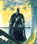 1boy armor cape full_armor helmet jewelry john_ronald_reuel_tolkien lord_of_the_rings mace male_focus middle_earth ring solo weapon white_background 