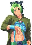  abs angry belt blue_hair blue_shirt braid clenched_teeth coat contrapposto cowboy_shot double_bun eyebrows_visible_through_hair frown genderswap genderswap_(ftm) green_coat green_eyes green_hair highres jojo_no_kimyou_na_bouken kotatsu_(g-rough) kuujou_jolyne looking_at_viewer male_focus multicolored_hair navel shirt simple_background solo standing stone_ocean teeth thumbs_down white_background 
