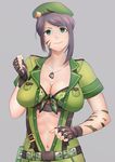  abs asymmetrical_hair belt beret bikini bikini_top black_hair bodypaint breast_pocket breasts camouflage camouflage_bikini chest_strap clenched_hand dog_tags facepaint fingerless_gloves front-tie_bikini front-tie_top gloves gobi_(sobmobink) green_eyes hat highres idolmaster idolmaster_cinderella_girls idolmaster_cinderella_girls_starlight_stage large_breasts long_hair looking_at_viewer military military_uniform navel pocket ponytail radio short_sleeves simple_background smile solo stomach swimsuit uniform upper_body yamato_aki 