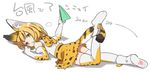  animal_ears boots brown_eyes brown_hair brown_shirt cat_ears cat_tail elbow_gloves gloves highres holding kamaboko_red kemono_friends leg_lift leg_up looking_back lying multicolored multicolored_clothes multicolored_legwear on_stomach paper_airplane paw_print serval_(kemono_friends) serval_ears serval_print serval_tail shirt short_hair simple_background skirt sleeveless sleeveless_shirt solo tail tail_wrap thighhighs translation_request white_background white_gloves white_legwear white_shirt zettai_ryouiki 