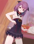  ass_visible_through_thighs bare_shoulders black_panties black_skirt blurry blurry_background book fate/grand_order fate_(series) flat_chest helena_blavatsky_(fate/grand_order) highres indoors looking_at_viewer open_mouth panties papipana purple_eyes purple_hair skirt solo underwear 