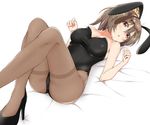  animal_ears black_footwear black_leotard brown_eyes brown_hair brown_legwear bunny_ears bunny_girl bunny_tail bunnysuit commentary_request cross-laced_clothes fake_animal_ears full_body high_heels highres hori_yuuko idolmaster idolmaster_cinderella_girls leotard long_hair lying pantyhose ponytail side-tie_leotard solo strapless strapless_leotard tail taut_leotard thighband_pantyhose torikun 