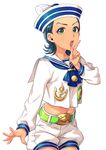  anchor ascot belt blue_hair blue_neckwear cowboy_shot cropped_shirt finger_to_mouth genderswap genderswap_(mtf) green_eyes hand_up hat higashikata_jousuke_(jojolion) highres index_finger_raised jojo_no_kimyou_na_bouken jojolion kotatsu_(g-rough) looking_at_viewer navel open_mouth pin puffy_shorts sailor_collar sailor_hat school_uniform serafuku shirt short_hair shorts shushing simple_background solo white_background white_sailor_collar white_shirt white_shorts 