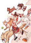  ball bowl brown_eyes brown_hair chinese_zodiac commentary_request dog frisbee highres japanese_clothes kimono original pet_bowl sonomura tennis_ball year_of_the_dog 