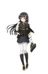  arisugawa_kaoru black_bow black_eyes black_footwear black_hair black_hat boots bow full_body gloves hand_up hat hat_removed headwear_removed highres holding holding_hat knee_boots long_hair military military_hat military_uniform official_art open_mouth pantyhose princess_principal princess_principal_game_of_mission smile standing transparent_background uniform white_gloves white_legwear 