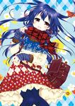  bag blue_hair blue_legwear commentary_request cowboy_shot eyebrows_visible_through_hair floating_hair hair_between_eyes long_hair long_sleeves love_live! love_live!_school_idol_project open_mouth pantyhose plaid plaid_scarf ponton scarf smile solo sonoda_umi winter_clothes yellow_eyes 