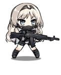  ^_^ an-94_(girls_frontline) animated animated_gif assault_rifle bangs black_gloves black_hairband black_legwear blue_eyes blush_stickers chibi closed_eyes face_mask full_body girls_frontline gloves gun hairband holding holding_gun holding_weapon kneehighs long_hair long_sleeves lowres mask ninja_mask official_art removing_mask respirator rifle saru simple_background solo standing straight_hair very_long_hair weapon white_background white_hair 