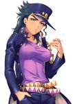  belt black_hair breasts chain coat cowboy_shot genderswap genderswap_(mtf) green_eyes hand_in_pocket hand_up hat highres holding jojo_no_kimyou_na_bouken kotatsu_(g-rough) kuujou_joutarou large_breasts long_hair long_sleeves looking_at_viewer multiple_belts open_clothes open_coat pants parted_lips peaked_cap purple_coat purple_pants purple_shirt shirt simple_background solo stardust_crusaders white_background 