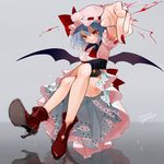  artist_name ascot ass bare_legs bat_wings blue_hair bow breasts brooch crossed_legs dated dress foreshortening gotoh510 grey_background hat hat_bow high_heels highres jewelry looking_at_viewer nail_polish petticoat pink_dress pointing pointing_at_viewer puffy_short_sleeves puffy_sleeves red_bow red_eyes red_footwear red_nails red_neckwear reflection remilia_scarlet short_hair short_sleeves signature sitting small_breasts smile solo touhou wings 