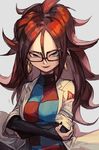  android_21 black-framed_eyewear blue_eyes breasts brown_hair checkered checkered_dress curly_hair dragon_ball dragon_ball_fighterz dress earrings glasses grey_background hankuri hoop_earrings jacket jewelry labcoat long_hair looking_at_viewer medium_breasts nail_polish open_mouth smile solo upper_body 