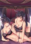  absurdres all_fours animal_ears arm_support atago_(azur_lane) azur_lane bed bed_sheet black_bra black_hair black_legwear blurry blurry_background blush bow bra breasts ceiling cleavage collarbone feet_out_of_frame hair_bow hair_ears hand_on_own_chest highres indoors lace lace-trimmed_bra large_breasts lingerie long_hair looking_at_viewer lying multiple_girls navel no_panties on_side orange_eyes panties panty_pull pantyhose pantyhose_pull ponytail qijiang_dayou red_eyes smile strap_pull tail takao_(azur_lane) take_your_pick underwear 