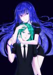  androgynous bangs blue_eyes blue_hair blunt_bangs cai_geng gem_uniform_(houseki_no_kuni) green_eyes green_hair head_hug houseki_no_kuni hug lapis_lazuli_(houseki_no_kuni) long_hair looking_at_viewer multiple_others necktie phosphophyllite short_hair smile 