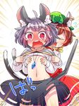 @_@ animal_ears blush breast_grab brown_hair chen closed_eyes commentary ear_piercing flat_chest flat_chest_grab grabbing grey_hair highres ibaraki_natou multiple_girls navel nazrin open_mouth pendulum piercing red_eyes short_hair sweat sweatdrop tail touhou undressing wavy_mouth white_background 