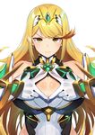  :3 blonde_hair breasts brown_eyes cleavage_cutout commentary earrings gloves highres hikari_(xenoblade_2) jewelry large_breasts long_hair looking_at_viewer nuezou paizuri_invitation simple_background smile solo tiara upper_body very_long_hair white_gloves xenoblade_(series) xenoblade_2 
