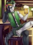  alcohol anthro beer beverage black_scales black_sclera blonde_hair claws cloth clothing dragon duality duality448 ear_piercing hair holidays imanika male monochrome piercing pink_hair purple_eyes rainbow_eye scales scalie slit_pupils st._patrick&#039;s_day tattoo white_scales xenomorph_tail 