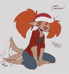  anthro arbuzbudesh canine christmas clothed clothing cute dialogue digitigrade fangs female flannel hair hat hindpaw holidays looking_at_viewer mammal orange_hair paws santa_hat solo tailwag were werewolf winnie_werewolf yellow_eyes 