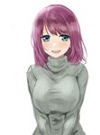  :d bad_id bad_pixiv_id bangs blue_eyes blush breasts grey_sweater highlights large_breasts long_hair long_sleeves looking_at_viewer miyako_(miyako_lplover) multicolored_hair open_mouth original purple_hair ribbed_sweater simple_background sketch smile solo sweater tareme turtleneck turtleneck_sweater upper_body white_background 
