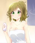  agung_syaeful_anwar bangs blurry blurry_background blush bottle breasts brown_hair cleavage closed_mouth collarbone commentary depth_of_field eyebrows_visible_through_hair fang fang_out green_eyes high_ponytail holding holding_bottle inuyama_aoi large_breasts milk_bottle naked_towel onsen_symbol ponytail solo thick_eyebrows towel yurucamp 