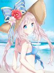  absurdres arm_strap artist_name beach blue_bikini_top blue_bow blue_eyes blue_sky bow breasts brown_hat cloud day fate/grand_order fate_(series) floating_hair flower hat hat_bow hat_flower highres long_hair looking_at_viewer looking_back marie_antoinette_(fate/grand_order) marie_antoinette_(swimsuit_caster)_(fate) medium_breasts mian.h ocean open_mouth outdoors red_flower sideboob silver_hair sky solo straw_hat striped striped_bow sun_hat twintails upper_body very_long_hair white_flower 