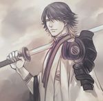  armor black_hair facial_hair japanese_armor kamemushi katana male_focus muted_color nagasone_kotetsu over_shoulder shoulder_armor single_pauldron sode solo stubble sword sword_over_shoulder touken_ranbu weapon weapon_over_shoulder 