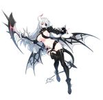  absurdres boots breasts cleavage closers demon_tail eyepatch full_body gloves highres horn large_breasts leg_up levia_(closers) long_hair official_art partly_fingerless_gloves red_star_alliance scythe short_shorts shorts sideboob silver_hair smile solo tail thigh_strap thighs transparent_background underboob very_long_hair weapon 