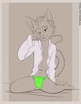  5_fingers anthro bulge cat clothed clothing cub feline green_eyes jockstrap kneeling mammal open_shirt shiuk teenager underwear whiskers young 