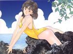  90s arm_support ass brown_eyes brown_hair cloud dated day den'ei_shoujo hayakawa_moemi katsura_masakazu leaf lying non-web_source ocean on_stomach one-piece_swimsuit outdoors red_eyes short_hair smile solo swimsuit v_arms water yellow_swimsuit 