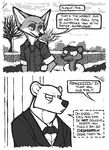  2018 anthro bear bow_tie canine clothing coat comic dialogue disney duke_weaselton english_text fox fur greyscale luraiokun male mammal monochrome mustelid necktie nick_wilde polar_bear snow speech_bubble text tree weasel zootopia 